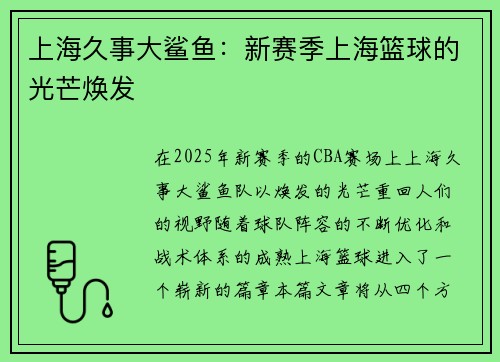 上海久事大鲨鱼：新赛季上海篮球的光芒焕发